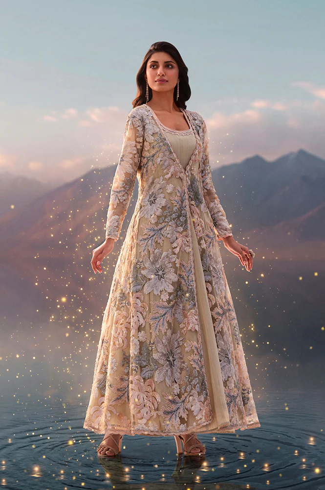 Beige Sequin Embroidered Long Jacket Anarkali Dress